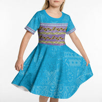 Hawaii Humuhumu Fish Maile Pikake Lei Kid Short Sleeve Dress Tribal Tapa Blue Version LT05 - Polynesian Pride