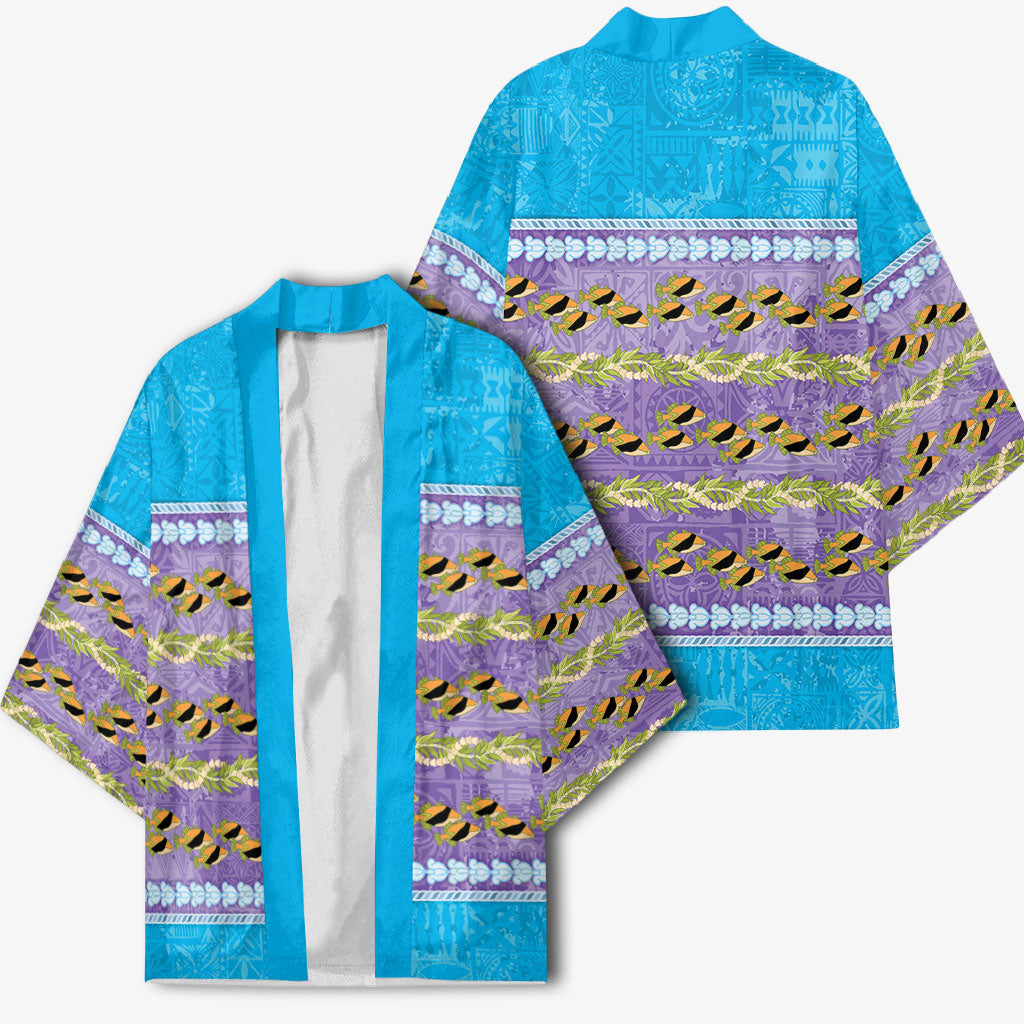 Hawaii Humuhumu Fish Maile Pikake Lei Kimono Tribal Tapa Blue Version LT05 - Polynesian Pride