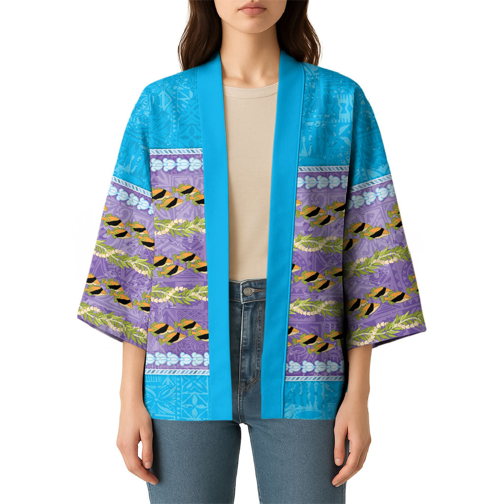 Hawaii Humuhumu Fish Maile Pikake Lei Kimono Tribal Tapa Blue Version LT05 - Polynesian Pride