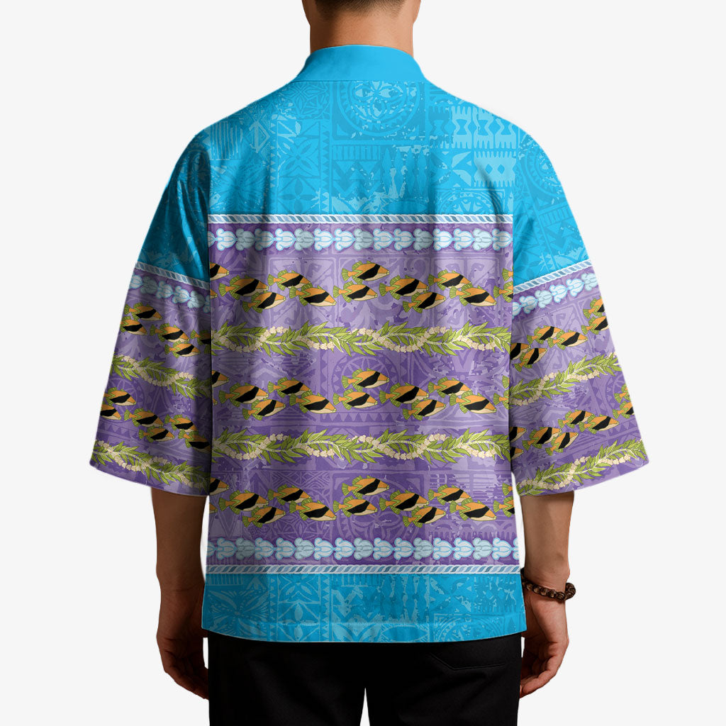 Hawaii Humuhumu Fish Maile Pikake Lei Kimono Tribal Tapa Blue Version LT05 - Polynesian Pride