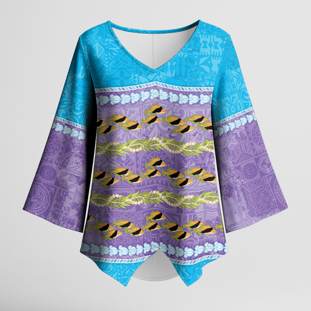 Hawaii Humuhumu Fish Maile Pikake Lei Kimono Sleeve Blouse Tribal Tapa Blue Version LT05 Female Blue - Polynesian Pride