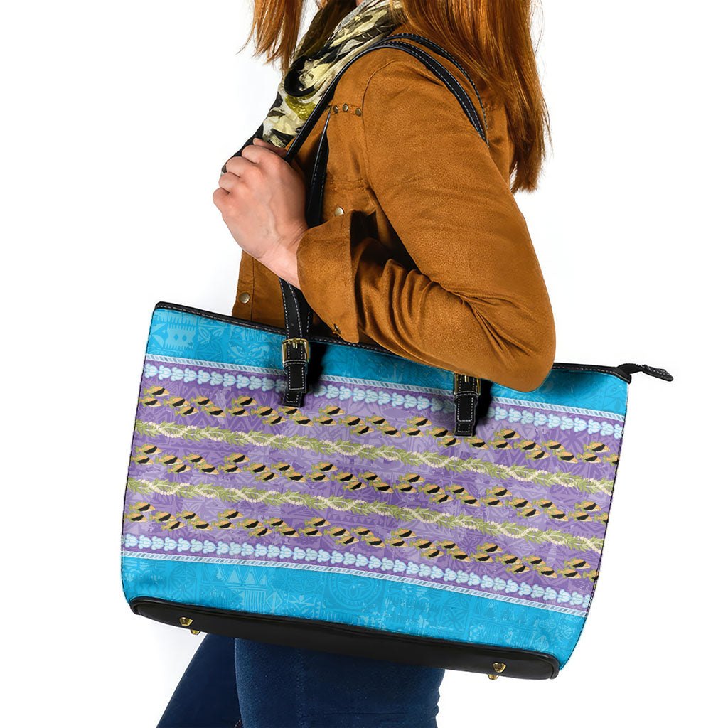 Hawaii Humuhumu Fish Maile Pikake Lei Leather Tote Bag Tribal Tapa Blue Version LT05 Blue - Polynesian Pride