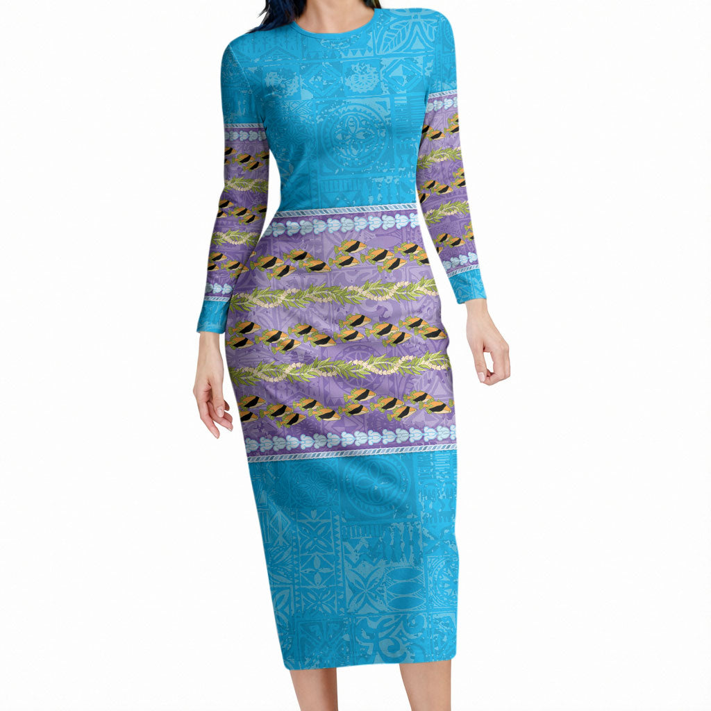 Hawaii Humuhumu Fish Maile Pikake Lei Long Sleeve Bodycon Dress Tribal Tapa Blue Version LT05 Long Dress Blue - Polynesian Pride