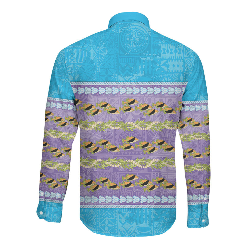 Hawaii Humuhumu Fish Maile Pikake Lei Long Sleeve Button Shirt Tribal Tapa Blue Version LT05 - Polynesian Pride