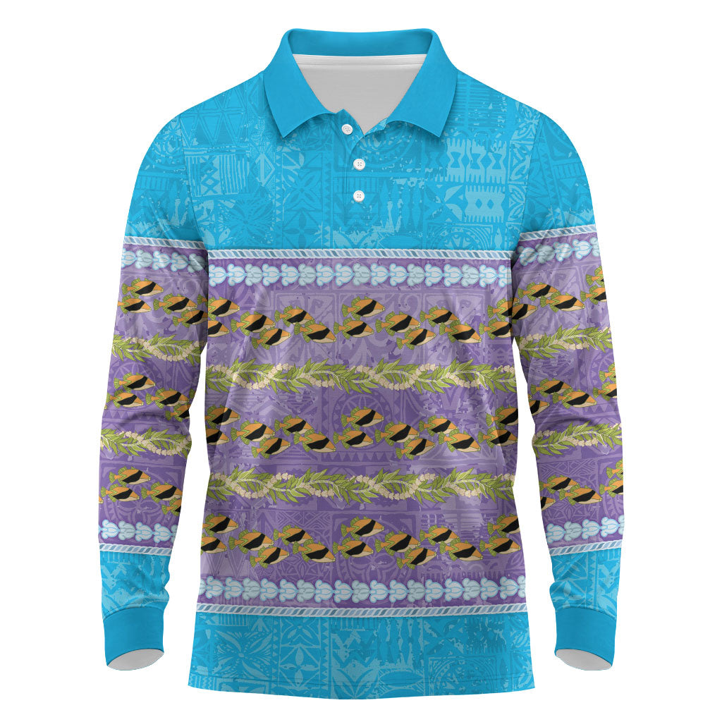 Hawaii Humuhumu Fish Maile Pikake Lei Long Sleeve Polo Shirt Tribal Tapa Blue Version LT05 Blue - Polynesian Pride