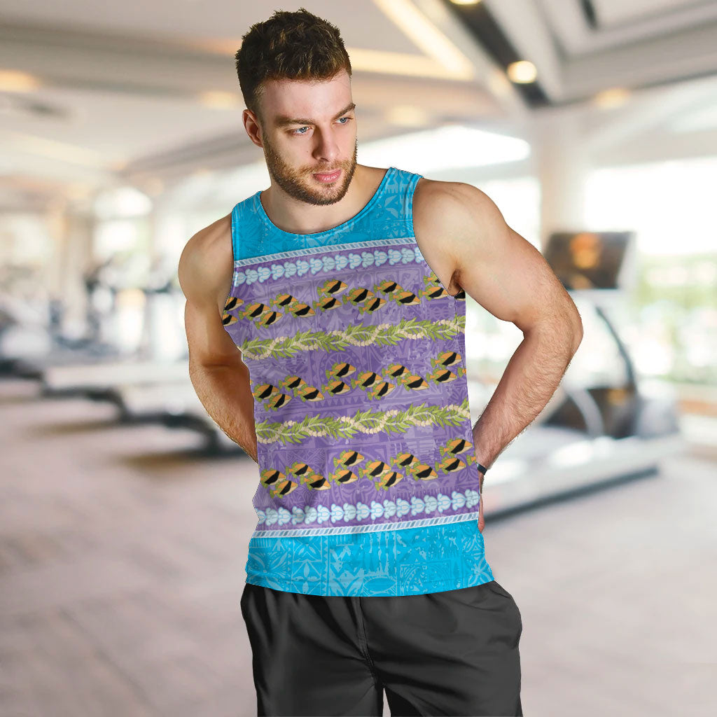 Hawaii Humuhumu Fish Maile Pikake Lei Men Tank Top Tribal Tapa Blue Version LT05 Blue - Polynesian Pride