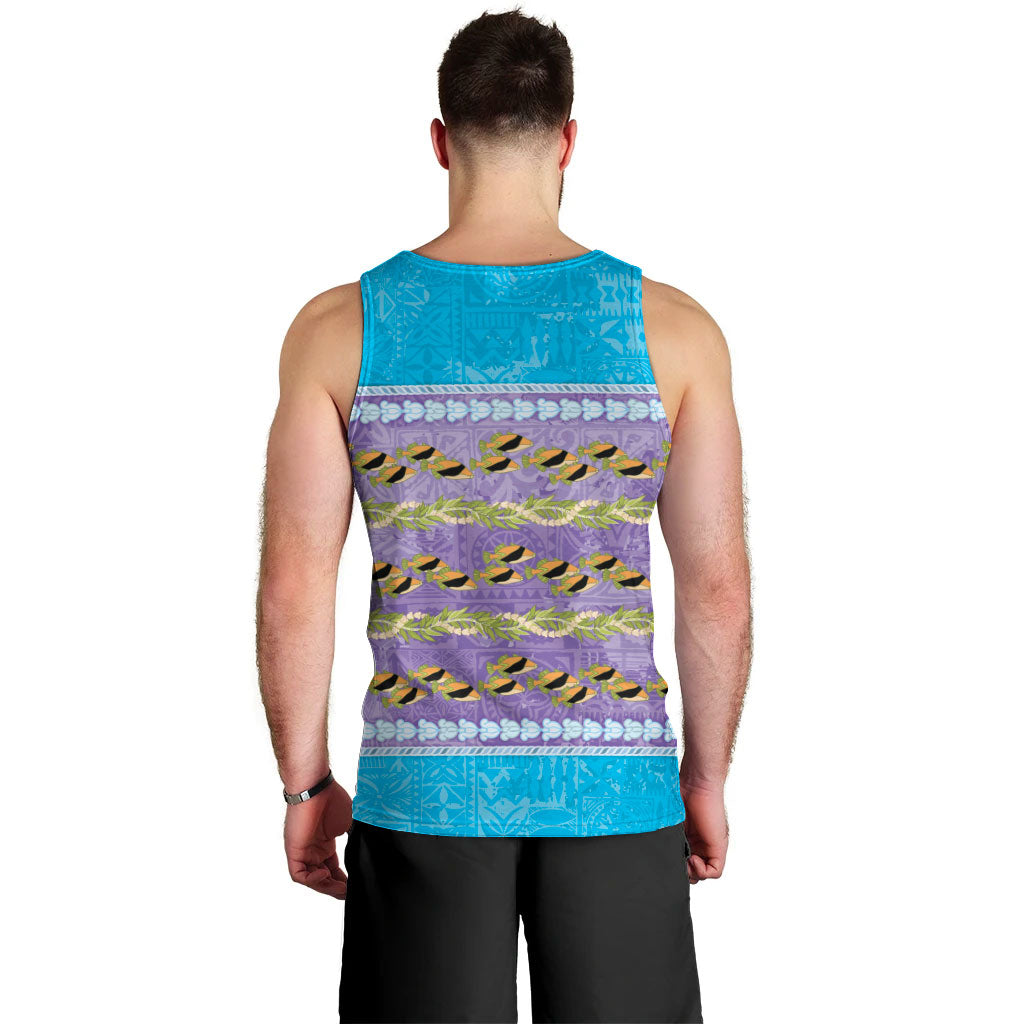 Hawaii Humuhumu Fish Maile Pikake Lei Men Tank Top Tribal Tapa Blue Version LT05 - Polynesian Pride
