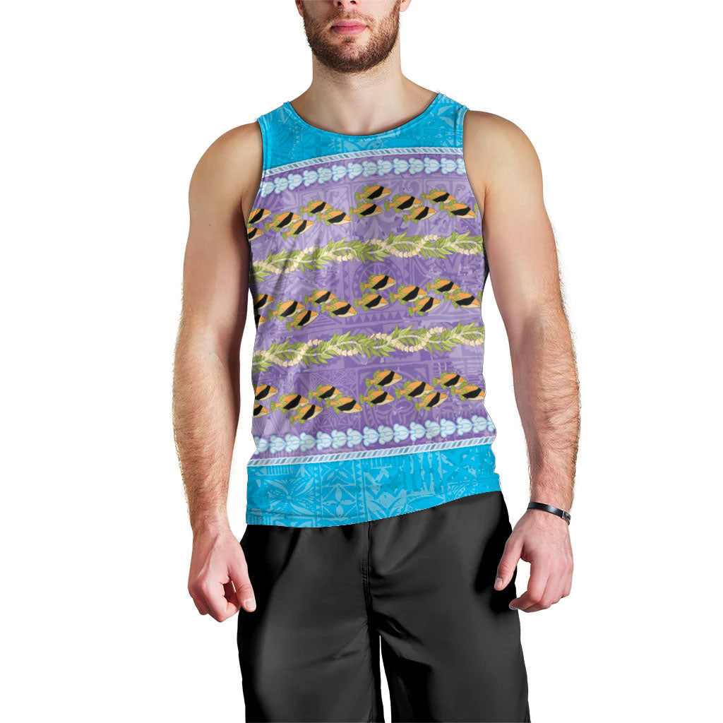 Hawaii Humuhumu Fish Maile Pikake Lei Men Tank Top Tribal Tapa Blue Version LT05 - Polynesian Pride