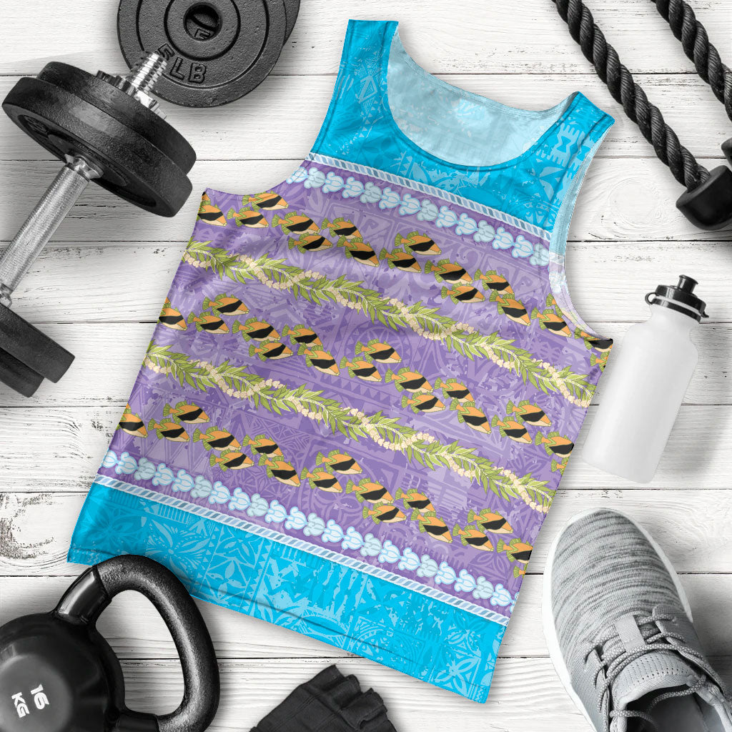 Hawaii Humuhumu Fish Maile Pikake Lei Men Tank Top Tribal Tapa Blue Version LT05 - Polynesian Pride