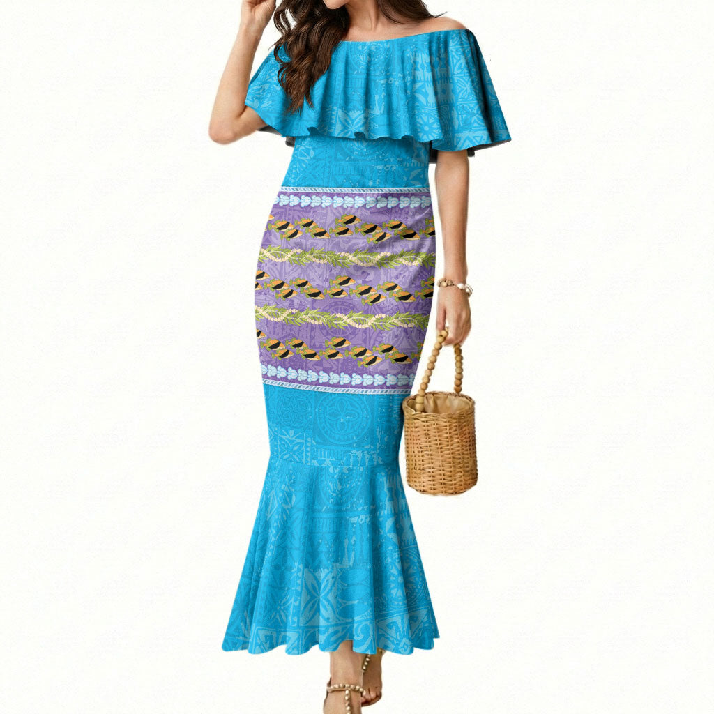 Hawaii Humuhumu Fish Maile Pikake Lei Mermaid Dress Tribal Tapa Blue Version LT05 Women Blue - Polynesian Pride