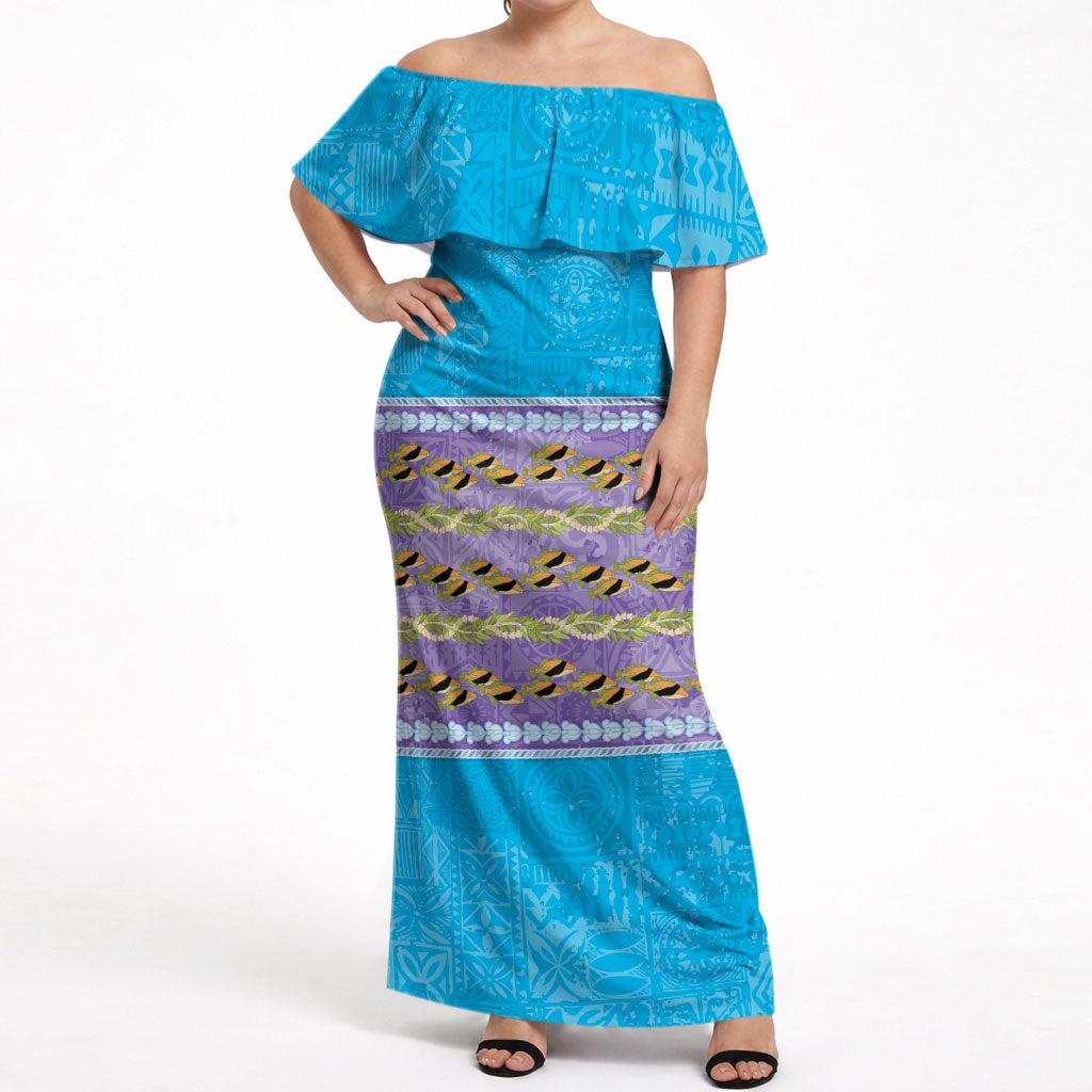 Hawaii Humuhumu Fish Maile Pikake Lei Off Shoulder Maxi Dress Tribal Tapa Blue Version LT05 Women Blue - Polynesian Pride