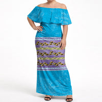 Hawaii Humuhumu Fish Maile Pikake Lei Off Shoulder Maxi Dress Tribal Tapa Blue Version LT05 Women Blue - Polynesian Pride