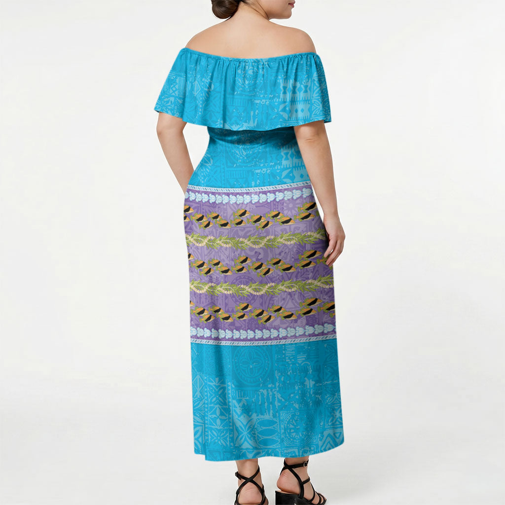 Hawaii Humuhumu Fish Maile Pikake Lei Off Shoulder Maxi Dress Tribal Tapa Blue Version LT05 - Polynesian Pride