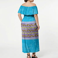 Hawaii Humuhumu Fish Maile Pikake Lei Off Shoulder Maxi Dress Tribal Tapa Blue Version LT05 - Polynesian Pride