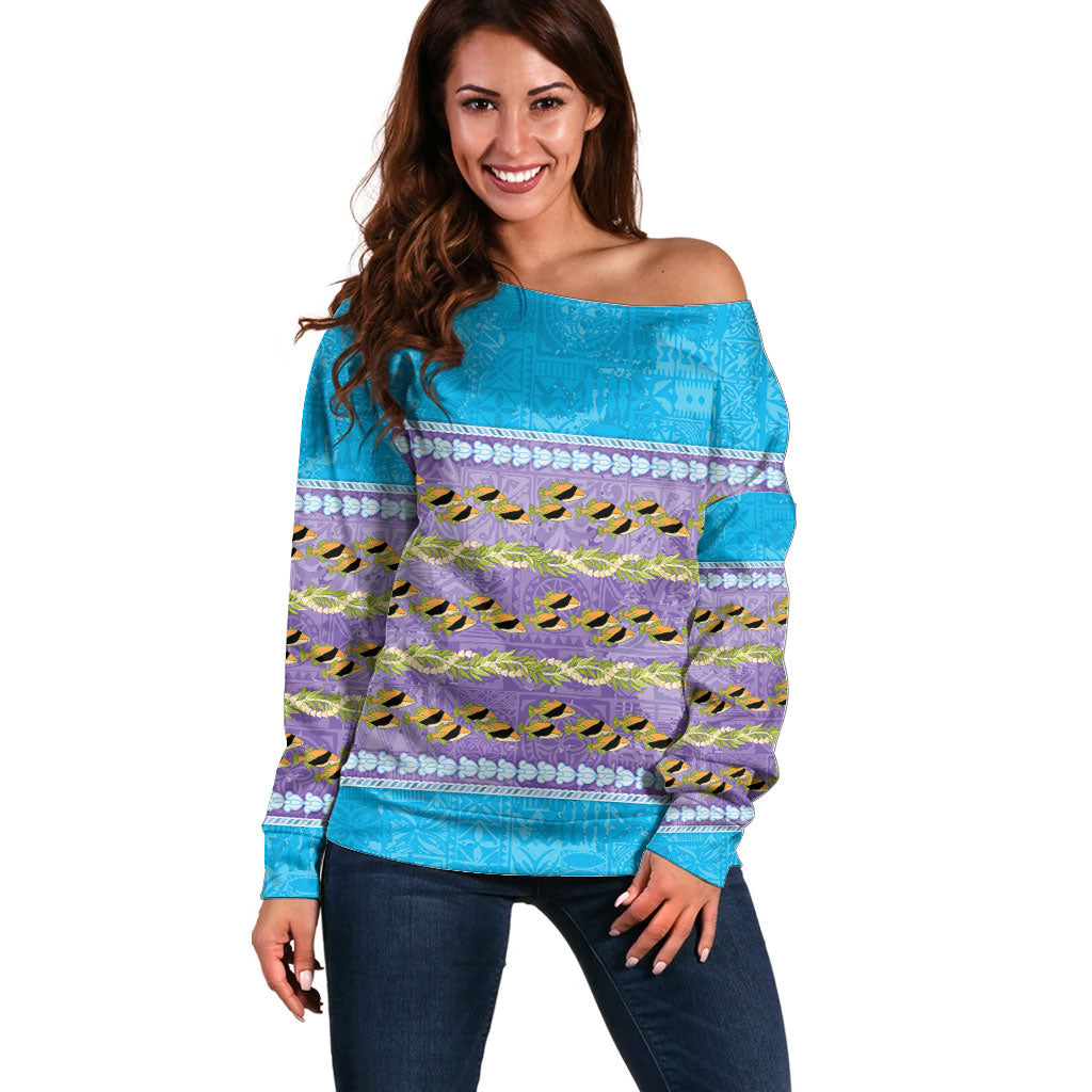 Hawaii Humuhumu Fish Maile Pikake Lei Off Shoulder Sweater Tribal Tapa Blue Version LT05 Women Blue - Polynesian Pride