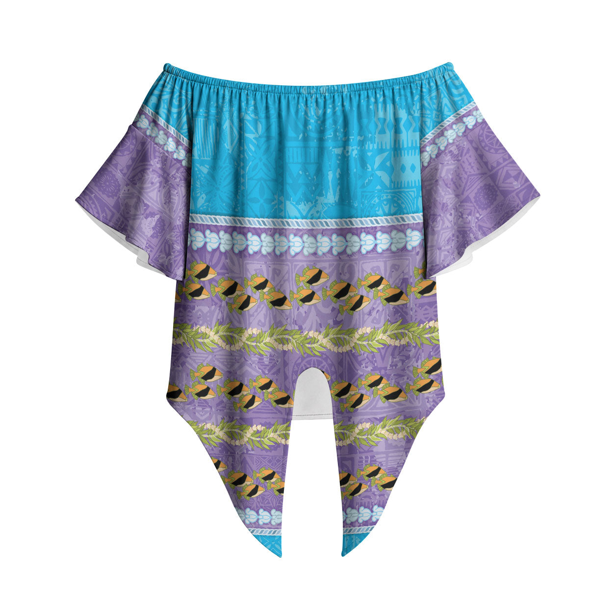 Hawaii Humuhumu Fish Maile Pikake Lei Off Shoulder Wrap Waist Top Tribal Tapa Blue Version LT05 Blue - Polynesian Pride