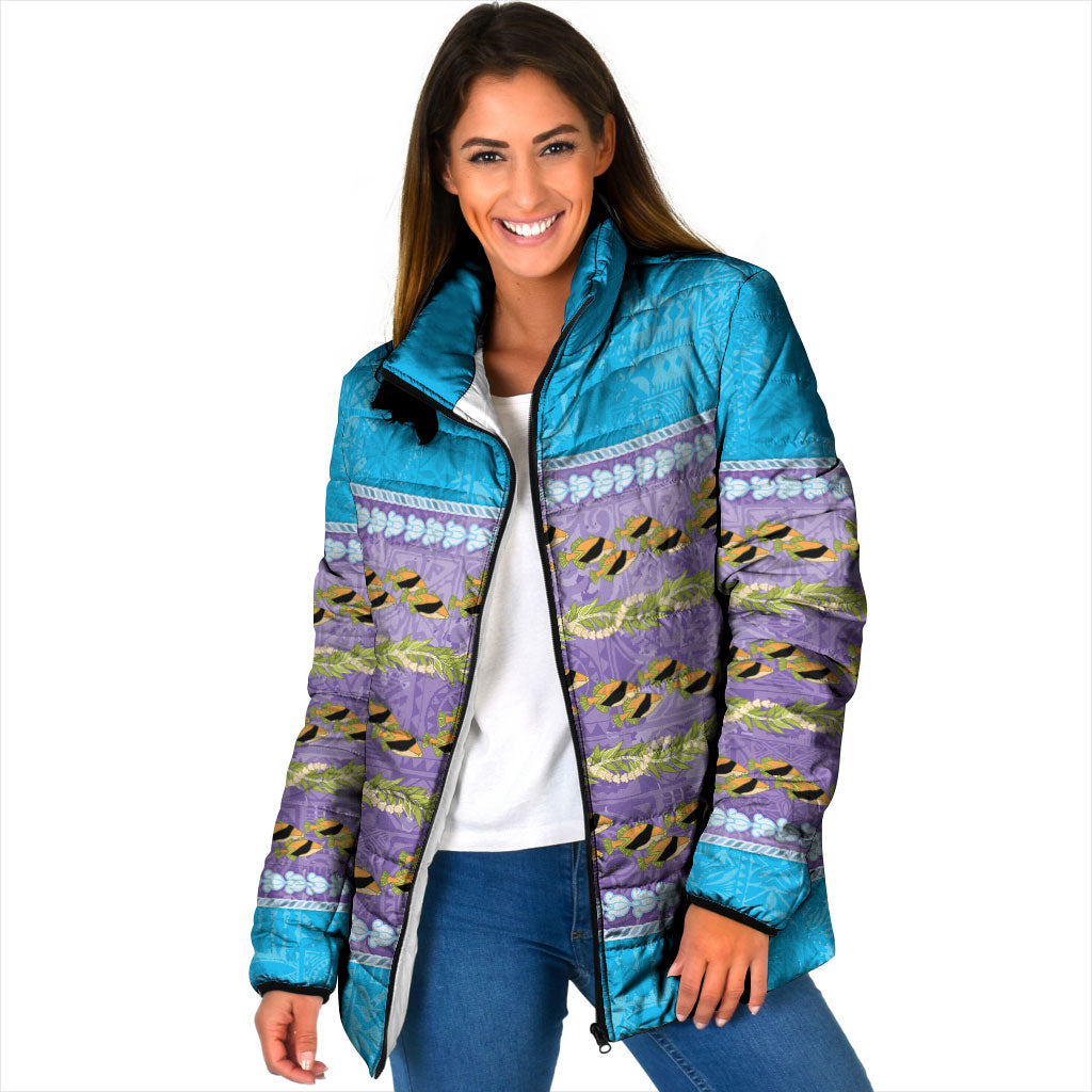 Hawaii Humuhumu Fish Maile Pikake Lei Padded Jacket Tribal Tapa Blue Version LT05 Women Blue - Polynesian Pride