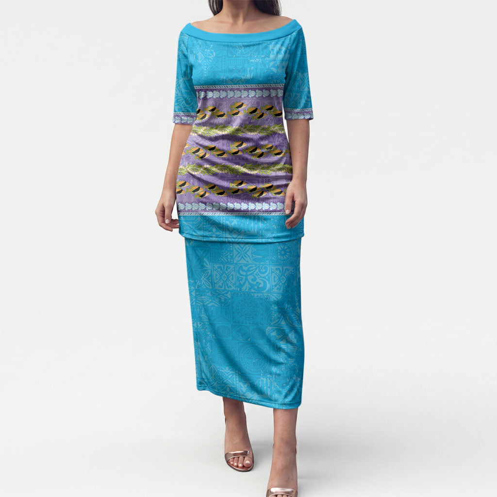 Hawaii Humuhumu Fish Maile Pikake Lei Puletasi Tribal Tapa Blue Version LT05 Long Dress Blue - Polynesian Pride