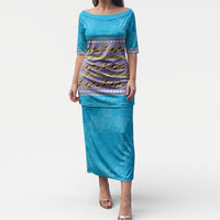 Hawaii Humuhumu Fish Maile Pikake Lei Puletasi Tribal Tapa Blue Version LT05 Long Dress Blue - Polynesian Pride