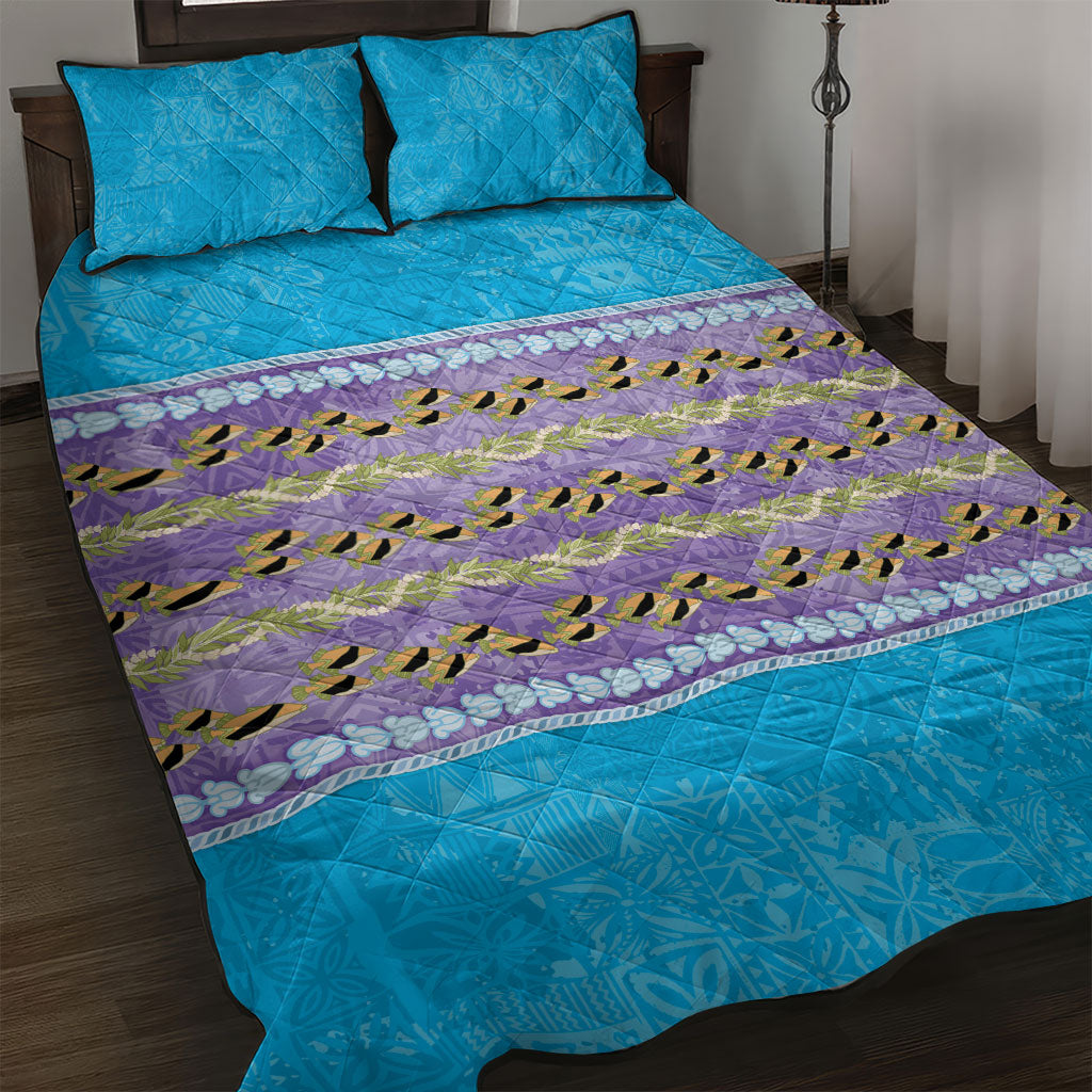 Hawaii Humuhumu Fish Maile Pikake Lei Quilt Bed Set Tribal Tapa Blue Version LT05 Blue - Polynesian Pride