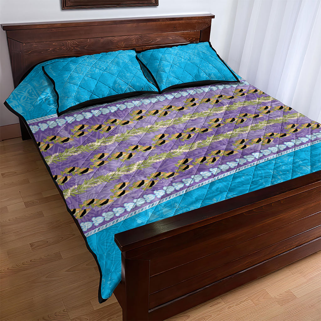 Hawaii Humuhumu Fish Maile Pikake Lei Quilt Bed Set Tribal Tapa Blue Version LT05 - Polynesian Pride