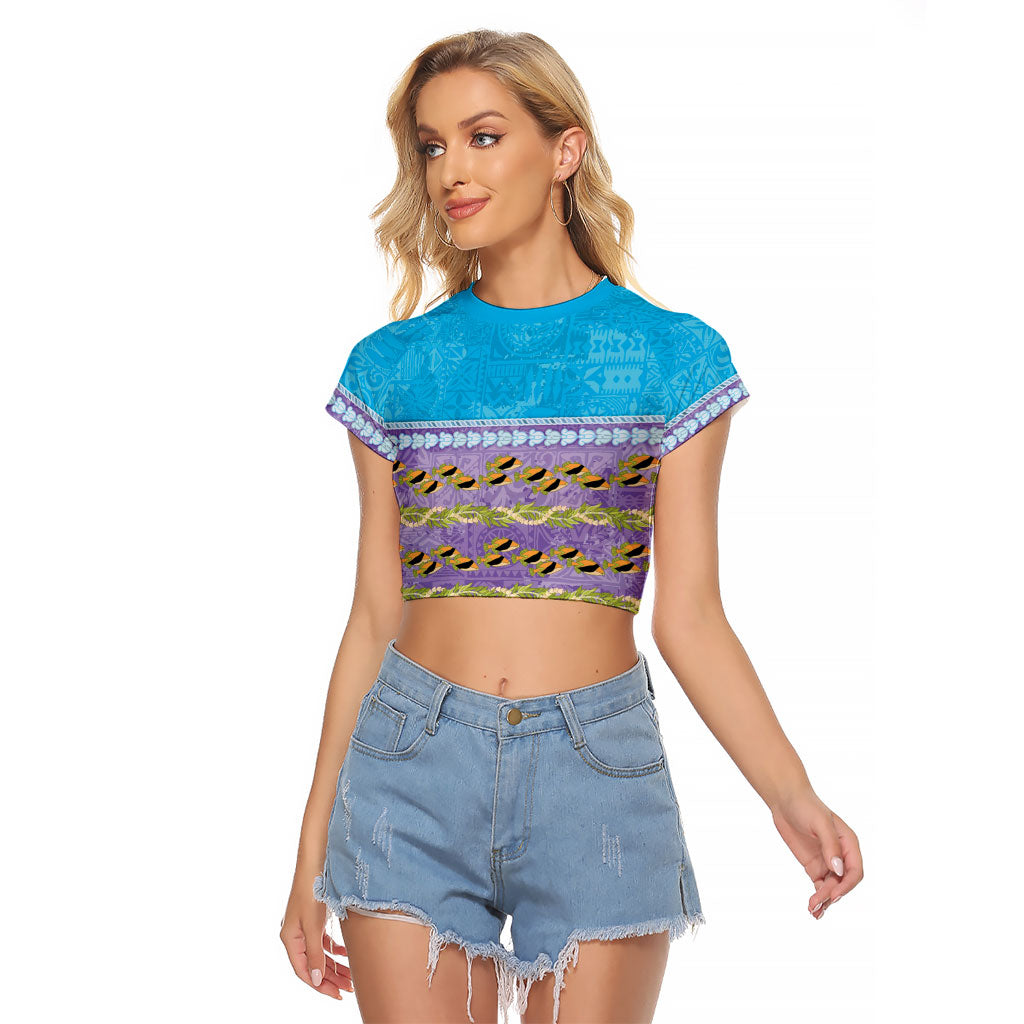 Hawaii Humuhumu Fish Maile Pikake Lei Raglan Cropped T Shirt Tribal Tapa Blue Version LT05 Female Blue - Polynesian Pride