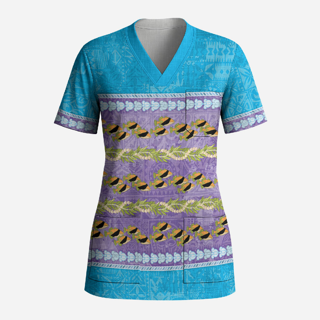Hawaii Humuhumu Fish Maile Pikake Lei Scrub Top Tribal Tapa Blue Version LT05 Adult Blue - Polynesian Pride