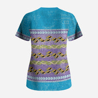 Hawaii Humuhumu Fish Maile Pikake Lei Scrub Top Tribal Tapa Blue Version LT05 - Polynesian Pride