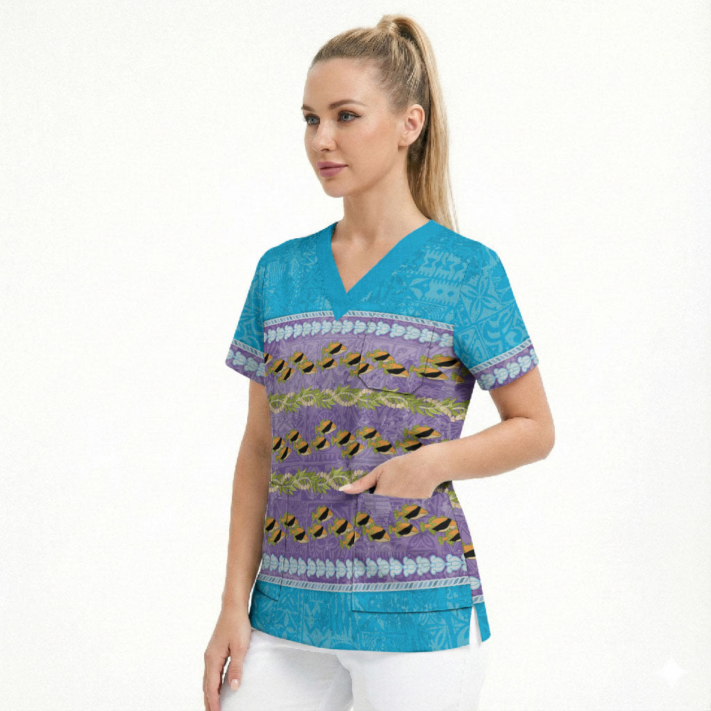 Hawaii Humuhumu Fish Maile Pikake Lei Scrub Top Tribal Tapa Blue Version LT05 - Polynesian Pride