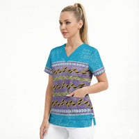 Hawaii Humuhumu Fish Maile Pikake Lei Scrub Top Tribal Tapa Blue Version LT05 - Polynesian Pride