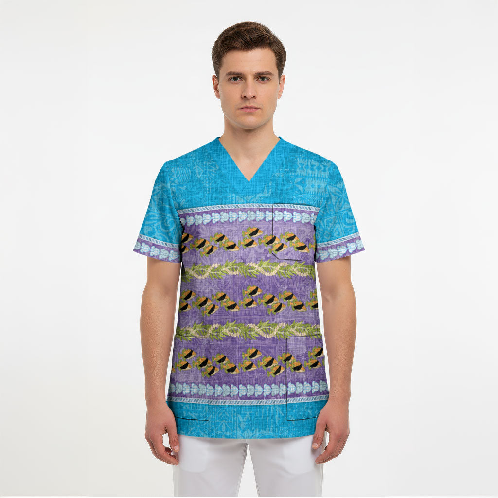 Hawaii Humuhumu Fish Maile Pikake Lei Scrub Top Tribal Tapa Blue Version LT05 - Polynesian Pride