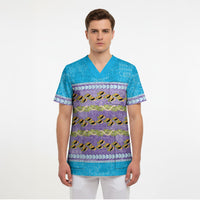 Hawaii Humuhumu Fish Maile Pikake Lei Scrub Top Tribal Tapa Blue Version LT05 - Polynesian Pride