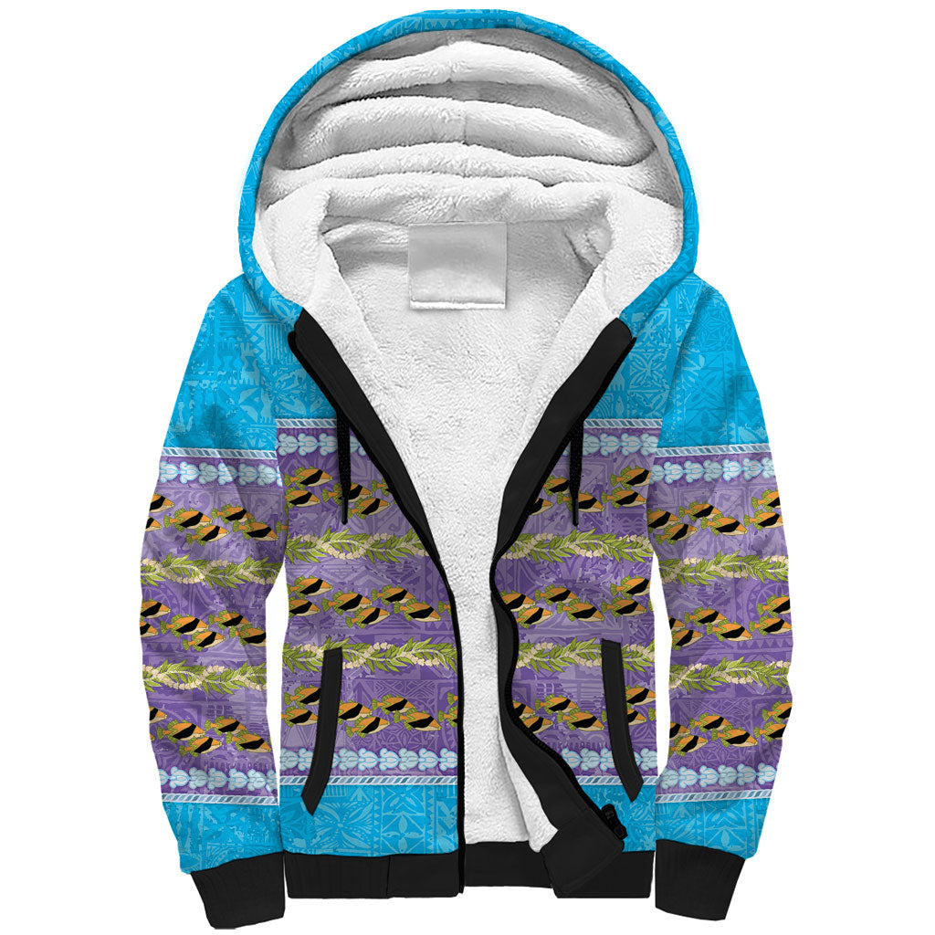 Hawaii Humuhumu Fish Maile Pikake Lei Sherpa Hoodie Tribal Tapa Blue Version LT05 Unisex Blue - Polynesian Pride
