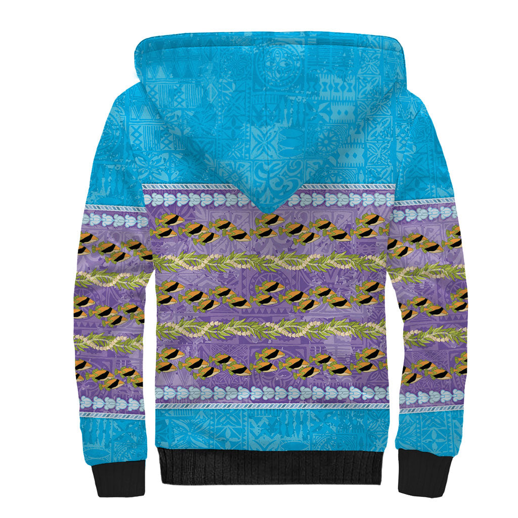 Hawaii Humuhumu Fish Maile Pikake Lei Sherpa Hoodie Tribal Tapa Blue Version LT05 - Polynesian Pride