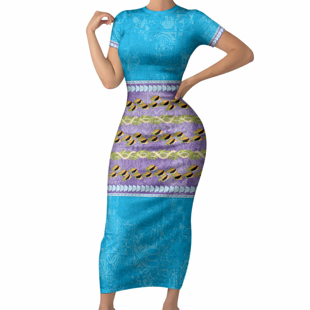 Hawaii Humuhumu Fish Maile Pikake Lei Short Sleeve Bodycon Dress Tribal Tapa Blue Version LT05 Long Dress Blue - Polynesian Pride