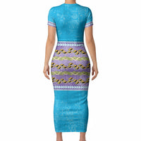 Hawaii Humuhumu Fish Maile Pikake Lei Short Sleeve Bodycon Dress Tribal Tapa Blue Version LT05 - Polynesian Pride