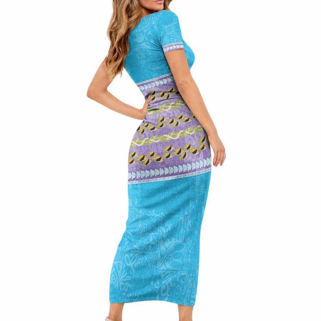 Hawaii Humuhumu Fish Maile Pikake Lei Short Sleeve Bodycon Dress Tribal Tapa Blue Version LT05 - Polynesian Pride