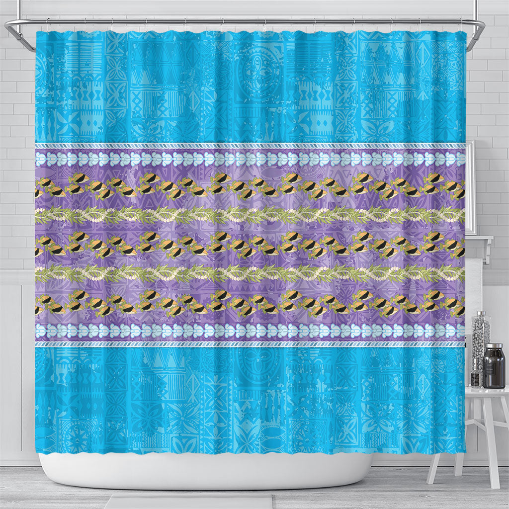 Hawaii Humuhumu Fish Maile Pikake Lei Shower Curtain Tribal Tapa Blue Version LT05 - Polynesian Pride