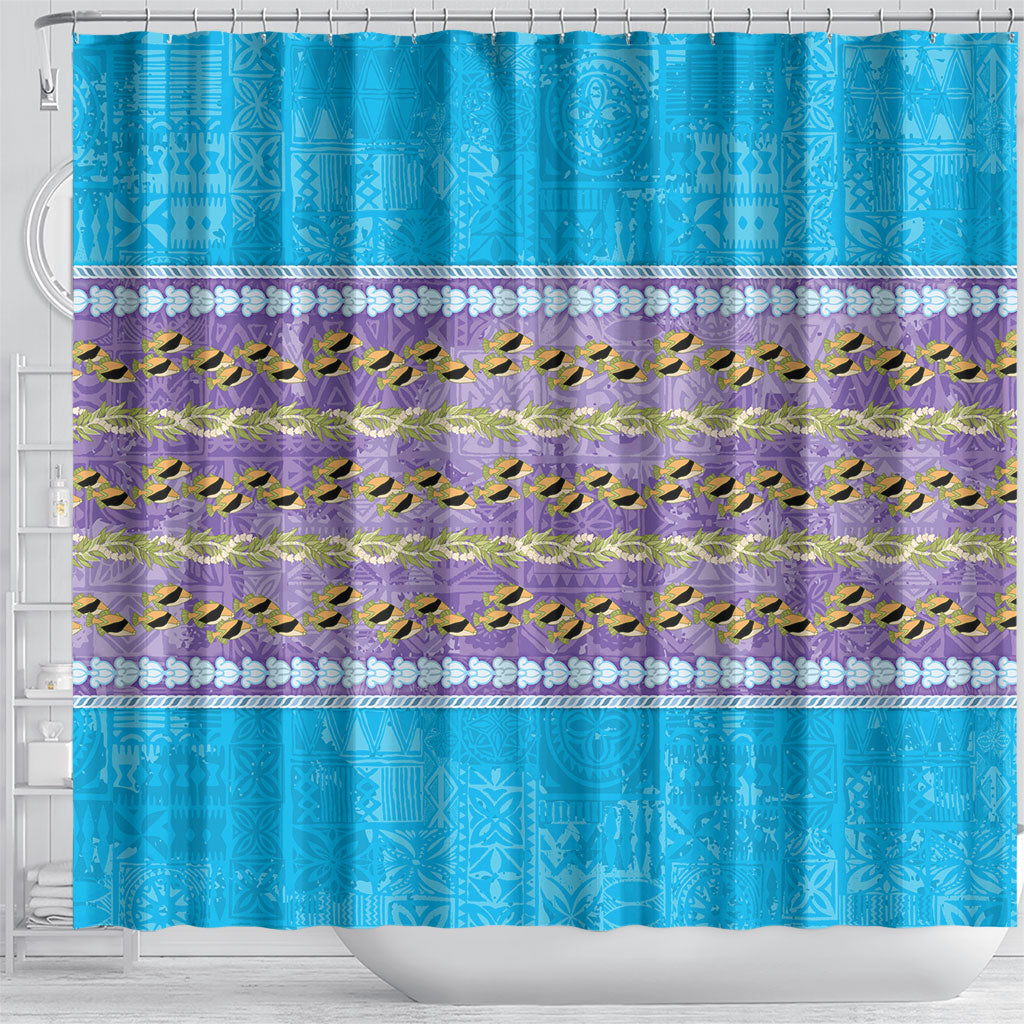 Hawaii Humuhumu Fish Maile Pikake Lei Shower Curtain Tribal Tapa Blue Version LT05 - Polynesian Pride