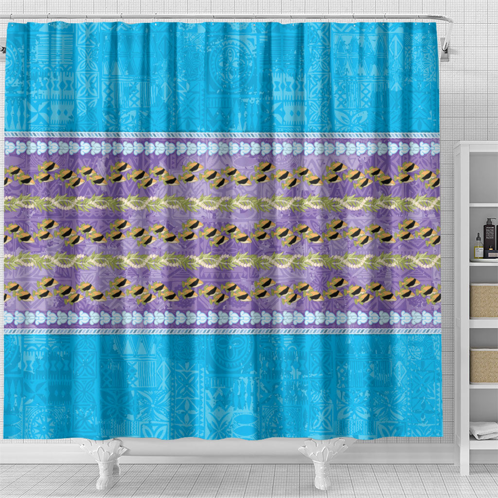 Hawaii Humuhumu Fish Maile Pikake Lei Shower Curtain Tribal Tapa Blue Version LT05 - Polynesian Pride