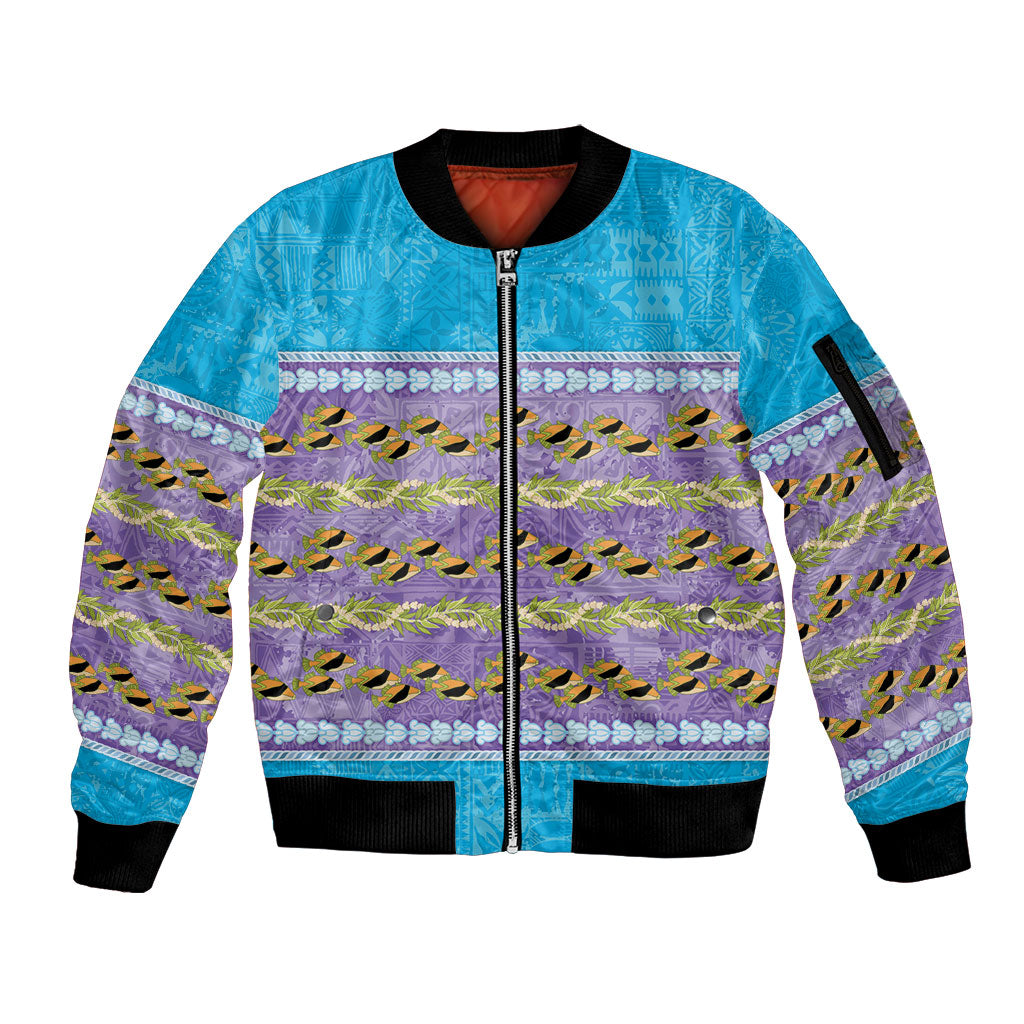 Hawaii Humuhumu Fish Maile Pikake Lei Sleeve Zip Bomber Jacket Tribal Tapa Blue Version LT05 Unisex Blue - Polynesian Pride