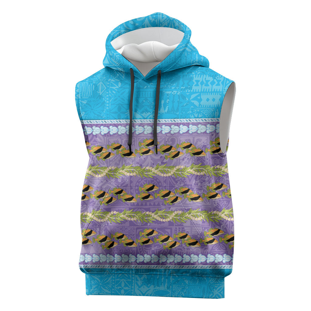 Hawaii Humuhumu Fish Maile Pikake Lei Sleeveless Hoodie Tribal Tapa Blue Version LT05 Blue - Polynesian Pride