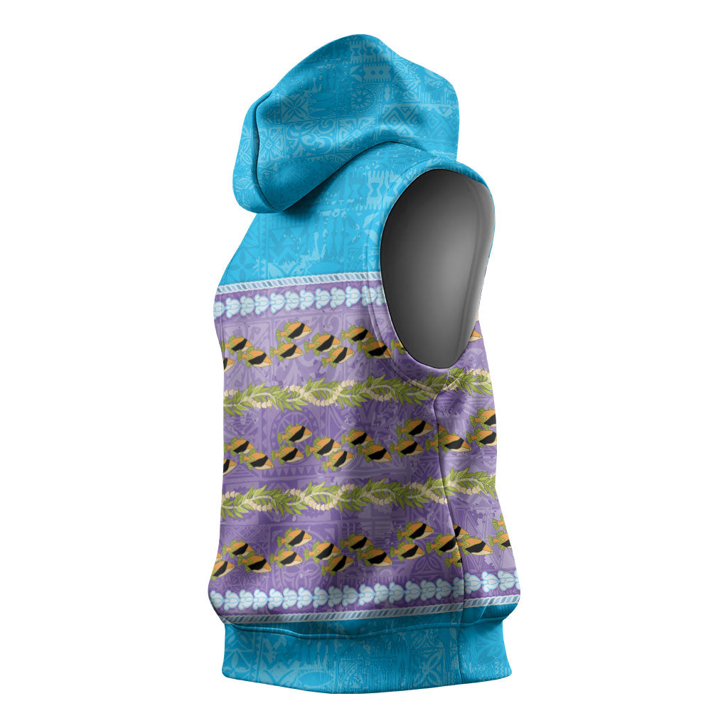 Hawaii Humuhumu Fish Maile Pikake Lei Sleeveless Hoodie Tribal Tapa Blue Version LT05 - Polynesian Pride