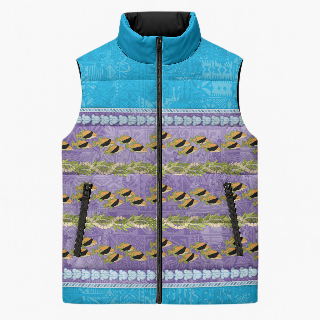 Hawaii Humuhumu Fish Maile Pikake Lei Sleeveless Puffer Jacket Tribal Tapa Blue Version LT05 Unisex Blue - Polynesian Pride