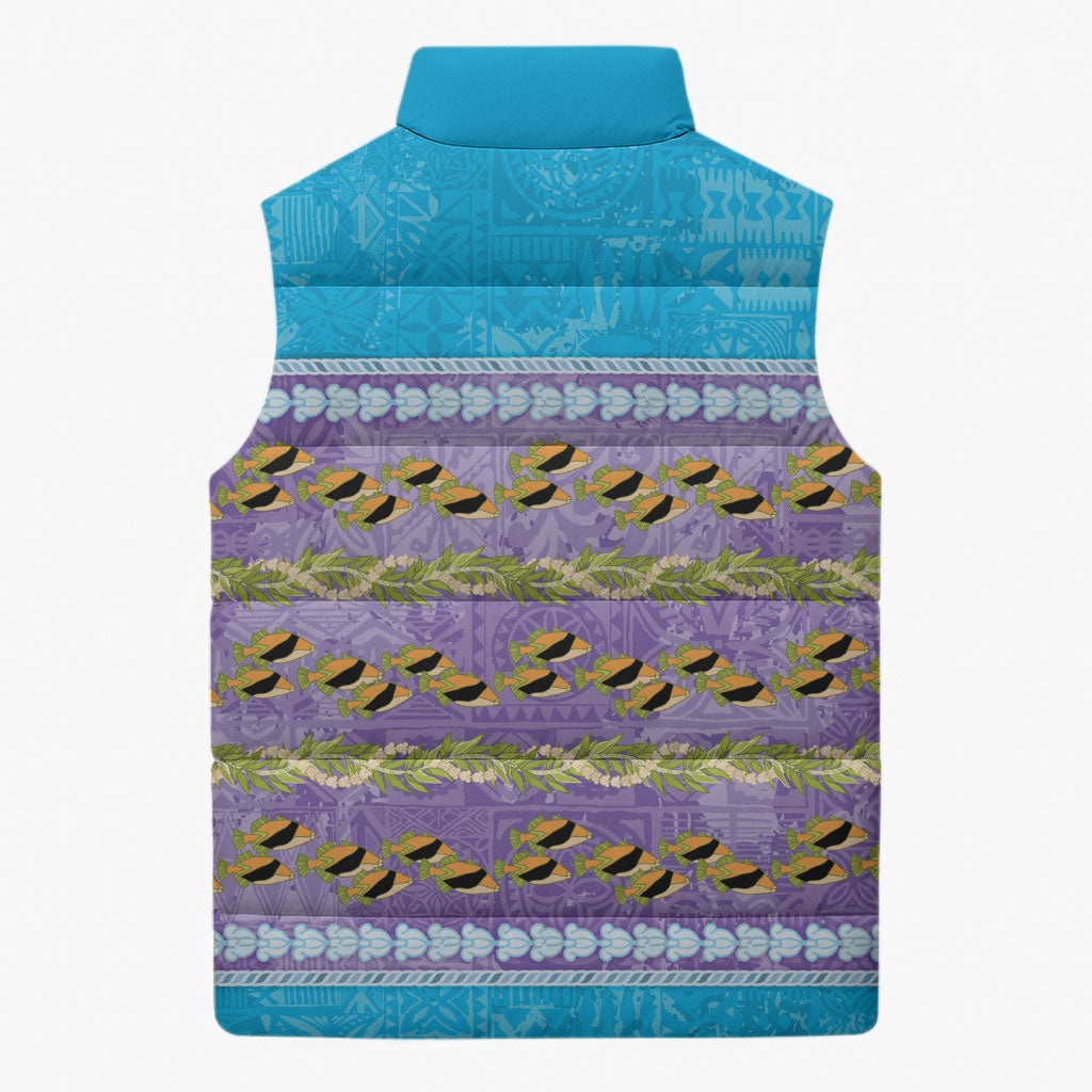 Hawaii Humuhumu Fish Maile Pikake Lei Sleeveless Puffer Jacket Tribal Tapa Blue Version LT05 - Polynesian Pride