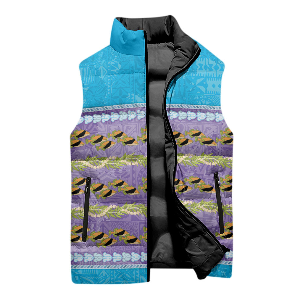Hawaii Humuhumu Fish Maile Pikake Lei Sleeveless Puffer Jacket Tribal Tapa Blue Version LT05 - Polynesian Pride