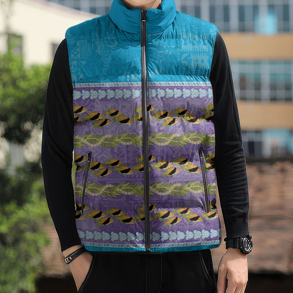 Hawaii Humuhumu Fish Maile Pikake Lei Sleeveless Puffer Jacket Tribal Tapa Blue Version LT05 - Polynesian Pride