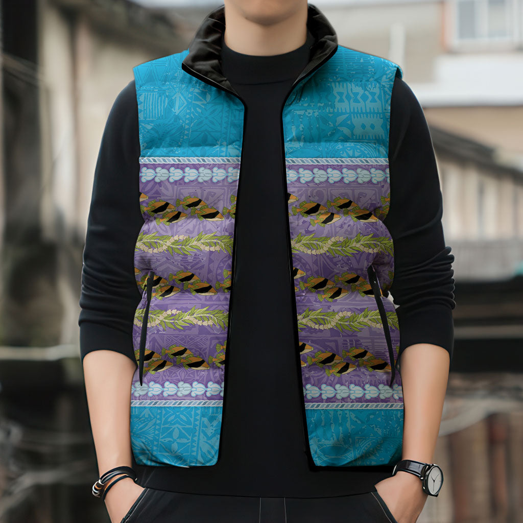 Hawaii Humuhumu Fish Maile Pikake Lei Sleeveless Puffer Jacket Tribal Tapa Blue Version LT05 - Polynesian Pride
