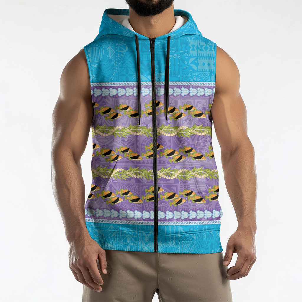 Hawaii Humuhumu Fish Maile Pikake Lei Sleeveless Zip Hoodie Tribal Tapa Blue Version LT05 - Polynesian Pride