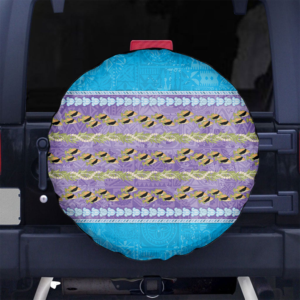 Hawaii Humuhumu Fish Maile Pikake Lei Spare Tire Cover Tribal Tapa Blue Version LT05 No hole Blue - Polynesian Pride